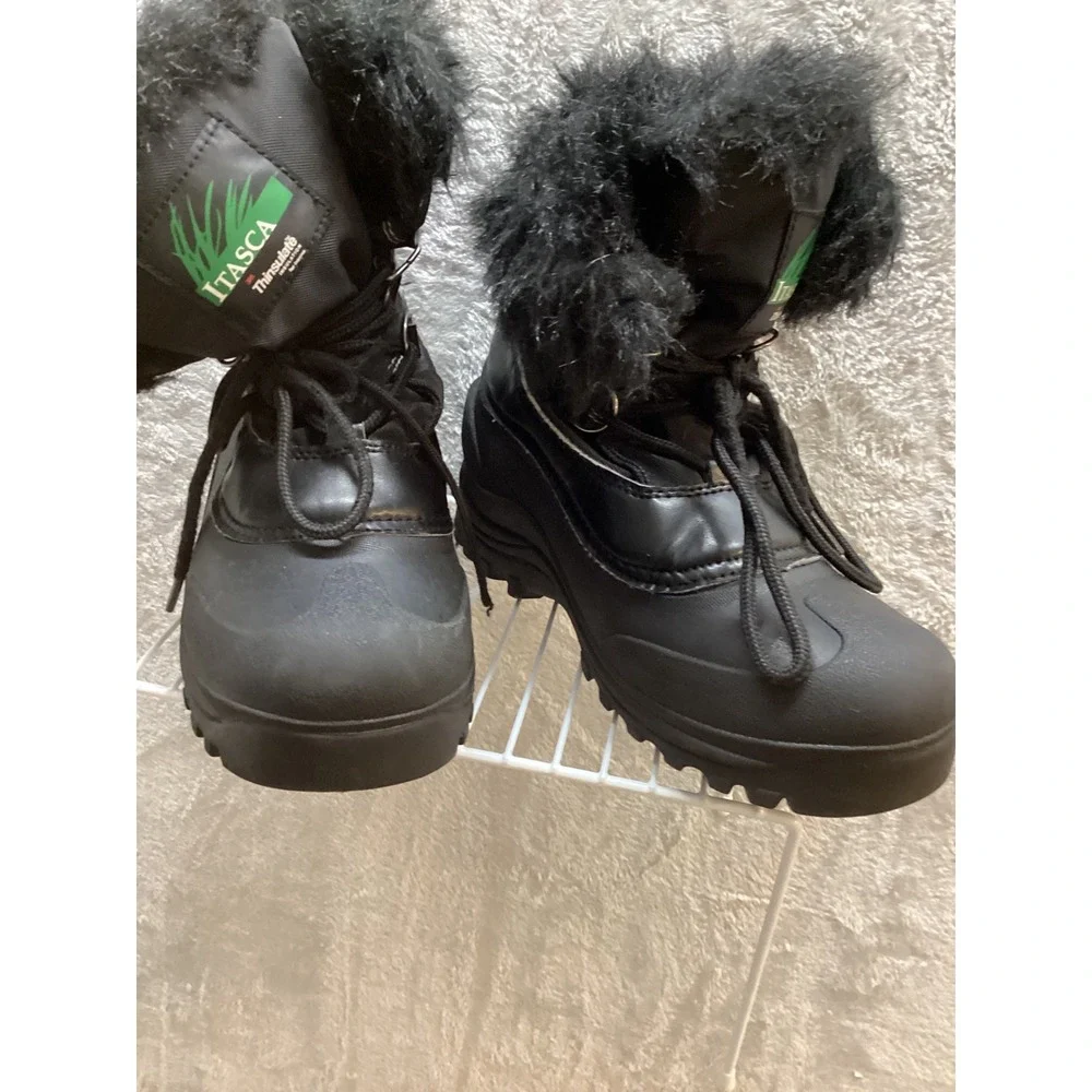 Itasca Kids Black Thinsulate Winter Snow Boots with Fur Trim